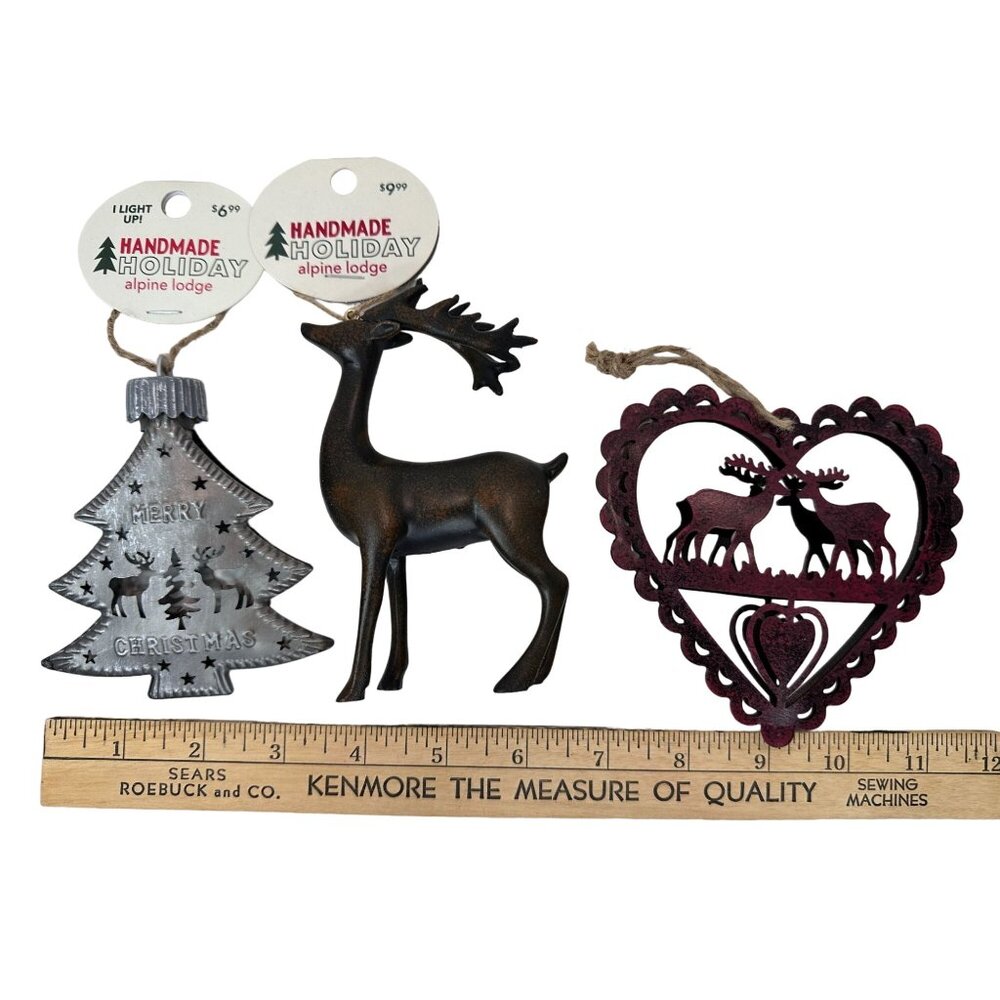 Christmas Ornaments Handmade Holiday Alpine‎ Lodge Set Of 3 Rustic Deer Tree NEW - Picture 2 of 14